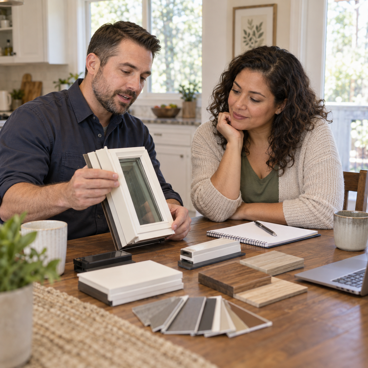 Window and door consultant guiding a homeowner through product samples