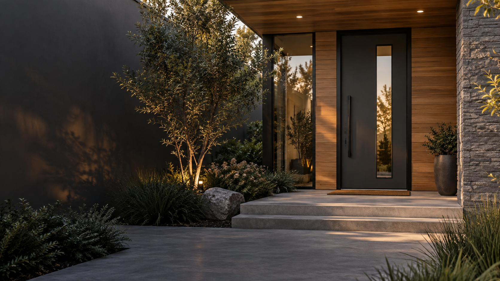 Contemporary charcoal entry door framed by warm wood siding