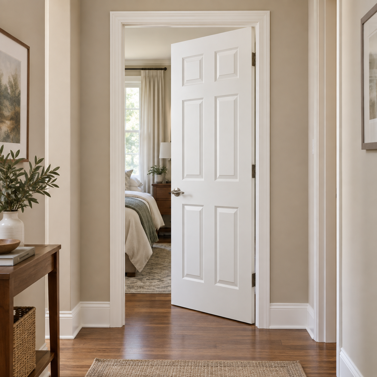 White six-panel interior bedroom door in a finished hallway