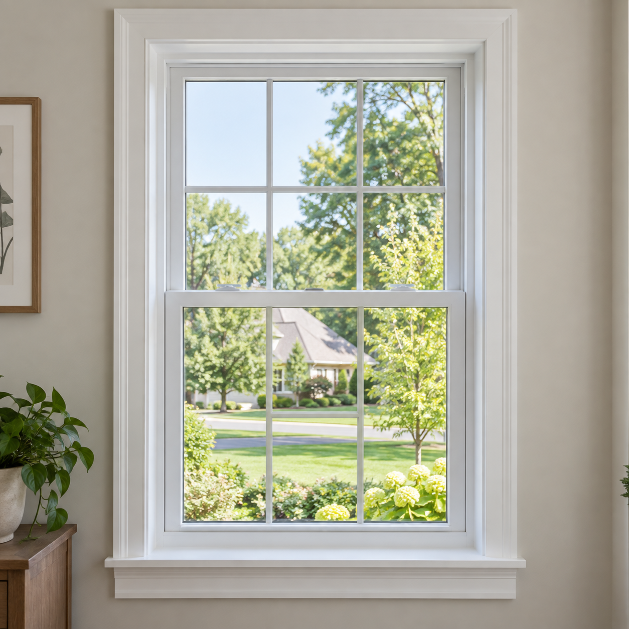 Newly installed white double-hung residential window